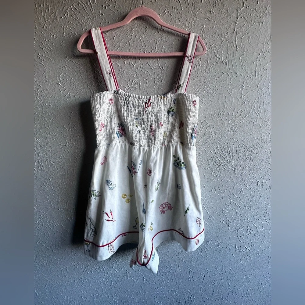 Caroline Constas Embroidered Linen Romper - Mediterranean Food Print - Size M. - Picture 4 of 17